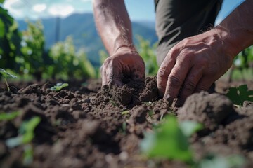Close-up view of a farmer's hands planting young saplings in rich, fertile soil with a backdrop of...