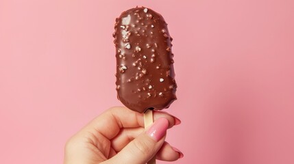 Hand holding a chocolate-covered treat on a stick, showcasing street food vibes, captured against an isolated background with studio lighting