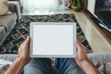 male hands holding a tablet with a blank screen in the living room