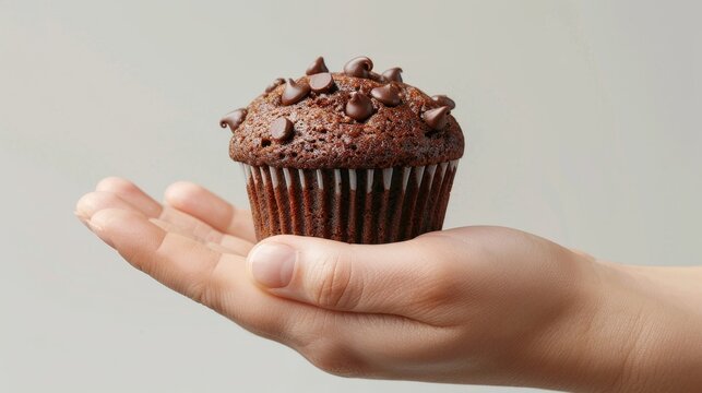 Inviting image of a hand offering a chocolate muffin towards the camera, making it a focal point against a clean, isolated background, studio lighting