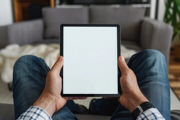 Naklejka premium male hands holding a tablet with a blank screen in the living room