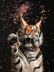Obraz na płótnie Canvas Happy Tiger Celebration with Confetti and Party Hat in Mouth, Fun Animal Portrait with Festive Atmosphere