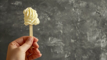 Photo advertisement of a hand holding a marijuana dessert snack on a stick, clear focus, isolated white background, studio lighting
