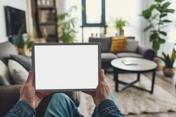 Naklejka premium male hands holding a tablet with a blank screen in the living room