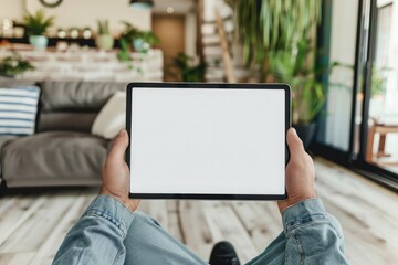 male hands holding a tablet with a blank screen in the living room