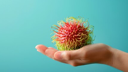 Stylish and modern photo of a hand holding a rambutan, focusing on the vibrant red and green colors, isolated on a pastel blue background, studio lighting