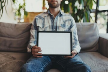 male hands holding a tablet with a blank screen in the living room
