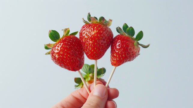 Vibrant photo advertisement showcasing a hand holding a bunch of ripe strawberries on a stick, crisp and clean isolated background, studio lighting