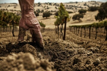 Close-up of a farmer's hand touching the earth, assessing the soil quality in a vineyard with...