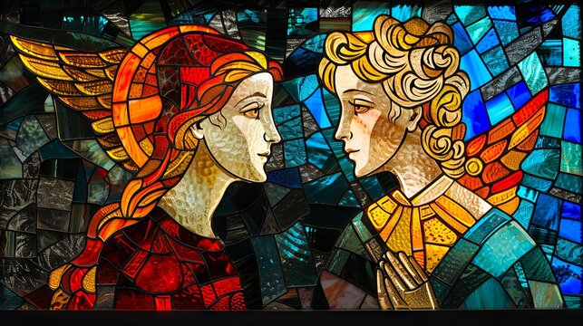 A stained glass window with two angels looking at each other.