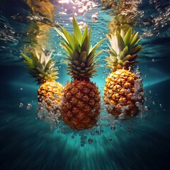 Three pineapples floating in deep blue water with bubbles rising to the surface.