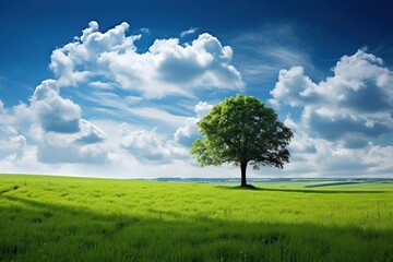 Fototapeta premium A beautiful green field with a single tree in the center.