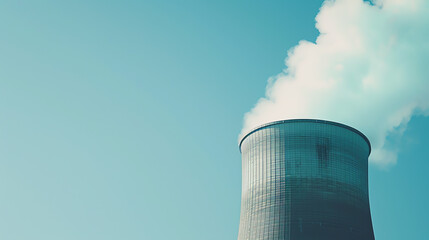 A detailed close-up of a nuclear power plant cooling tower, emitting vapor against a clear blue sky, with focus on the texture and structure.