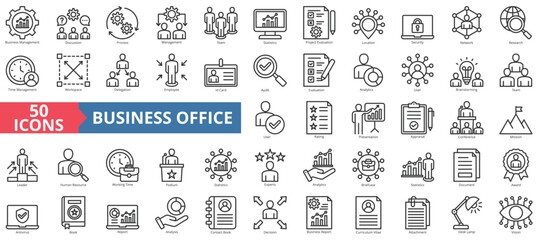 Fototapeta na wymiar Business office icon collection set. Containing management, discussion, process, team, statistics, project evaluation, location icon. Simple line vector.