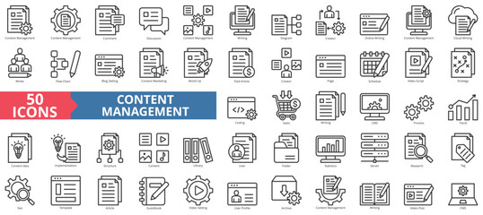 Content management icon collection set. Containing comment, discussion, writing, diagram, creator, online writing, cloud icon. Simple line vector.