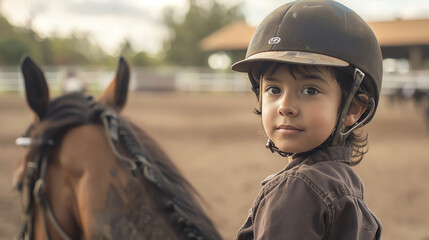 A kid on horseback during a riding lesson, looking at the camera, framed by the riding arena in the background, emphasizing the learning environment.