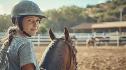 A kid on horseback during a riding lesson, looking at the camera, framed by the riding arena in the...