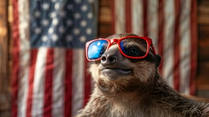 Obraz premium Patriotic Sloth Wearing American Flag Sunglasses in Independence Day Backdrop with Copy Space
