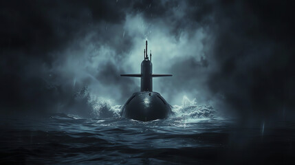 A military submarine emerging from the depths of a dark ocean, with water cascading off its surface, symbolizing stealth and power.