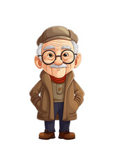Cartoon illustration of a kindly elderly man with glasses and a mustache, dressed in a classic vest and tie. Generative AI