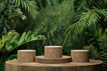 Wooden Product Display Podiums For Product Presentation, On a Tropical Forest-Themed Background
