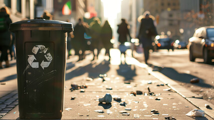A recycle bin on a city sidewalk, with pedestrians in the background, representing urban efforts to support recycling and sustainability. - obrazy, fototapety, plakaty