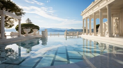 A grand swimming pool surrounded by majestic columns and pillars creates a tranquil oasis