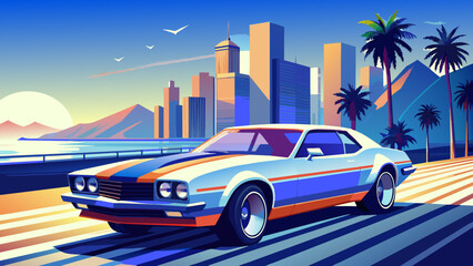 A sports car on the road.The road into the distance. The car rushes along a picturesque road.Let's go! An illustration of a car ready for new discoveries in the vast expanses. mustang