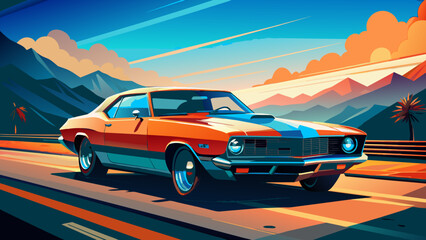 Fototapeta premium A sports car on the road.The road into the distance. The car rushes along a picturesque road.Let's go! An illustration of a car ready for new discoveries in the vast expanses. mustang