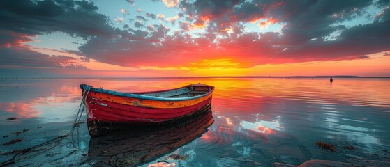 A boat sits calmly on a lake at sunset.