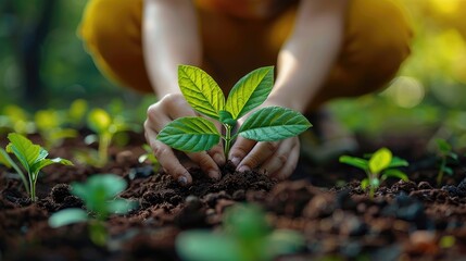 A close-up of a person's hands planting a small tree in the soil.