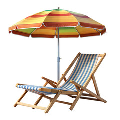 Colorful beach umbrella with striped lounge chair