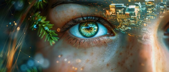 A close-up of a woman's green eye with a reflection of a cityscape in it.