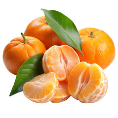 Fresh mandarins with leaves on a transparent background