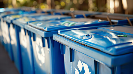 A series of blue recycle bins lined up at a community recycling center, each bin clearly marked for different recyclable materials.