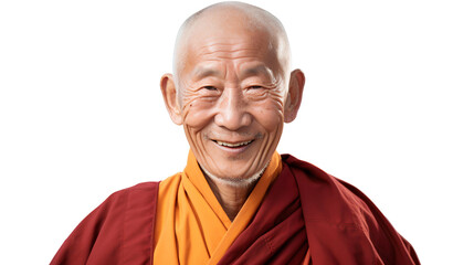 Portrait of a smiling senior Buddhist monk with bald head, isolated on transparent background