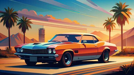 A sports car on the road.The road into the distance. The car rushes along a picturesque road.Let's go! An illustration of a car ready for new discoveries in the vast expanses. mustang