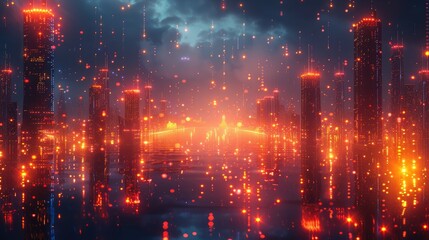 Obraz premium A digital painting of a city with red lights and a starry night sky.