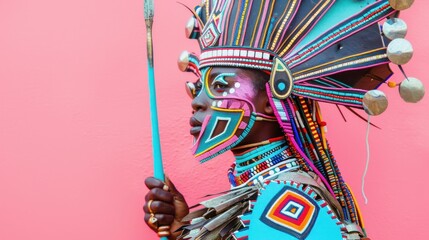 African woman wearing colorful headdress holding spear in hand in traditional tribal attire