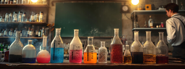 Laboratory with lots of glass jars and pipes with coloured liquid prominently on blackboard background.