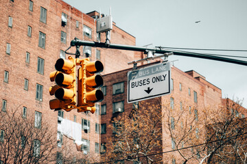 Busses only road sign on the side of the street in Manhattan - New York City.