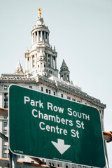 Park row south chambers street sign on the side of the street in Manhattan - New York City.