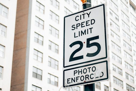 City speed limit 25 sign on the side of the street in Manhattan - New York City.