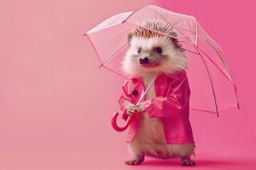 Charming hedgehog holding a clear umbrella in pink raincoat in full body - 793965503