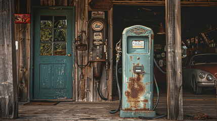 A vintage-style photo of an old gasoline pump in a rustic setting, capturing the nostalgic aspect of early automotive culture. - obrazy, fototapety, plakaty