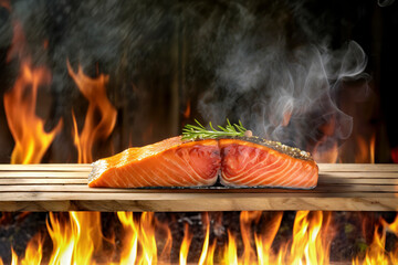 Grilled salmon steak with rosemary on a wooden board with flames over dark background