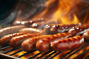 Grilled sausages on barbecue grill, close-up view with flames in background