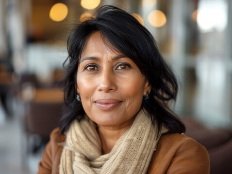 Warm photo portrait of a beautiful middle aged woman of Indian heritage looking confidently into camera with a natural smile. 