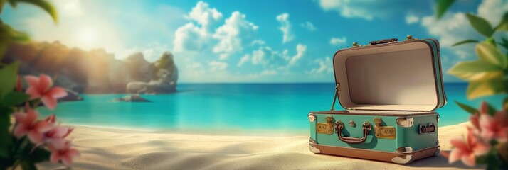 Vacation travel time banner, open empty travel suitcase on palms exotic background. Space for text. Ad poster for the summer presentation.