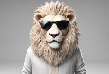 Modern lion wearing black sunglasses and white suite with grey background.
